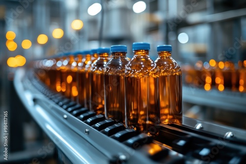 factory automation, efficient conveyor belt movement of bottles showcases automation and productivity in bottling industry