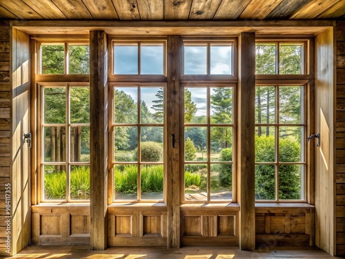 Narrow, rectangular transom windows with rustic wooden frames and divided panes add charm and natural light to a cozy, vintage-inspired interior space. photo