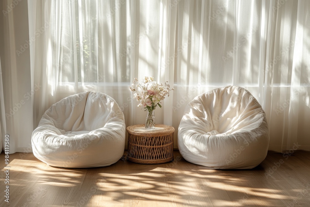 A serene and minimalist lounge area featuring two cushioned circular chairs with soft beige