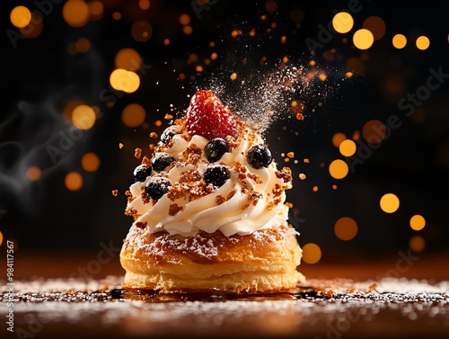 In Italy, maritozzo, a soft bun filled with whipped cream, is a sweet Roman pastry often enjoyed with coffee in the morning photo