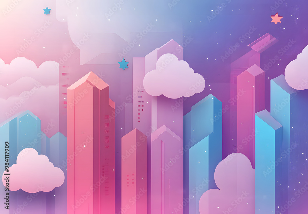 Colorful Futuristic Cityscape Floating in Dreamy Clouds Colorful Futuristic Cityscape Floating in Dreamy Clouds