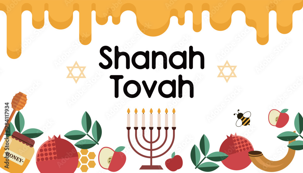Rosh hashanah background illustration with fruits, honey, and bees. Rosh hashanah background illustration with fruits, honey, and bees.