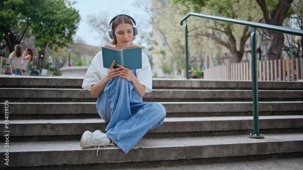 Trendy student focusing book sitting park stairs in headphones. Girl reading Trendy student focusing book sitting park stairs in headphones. Girl reading