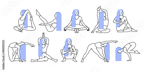 Set of woman practicing  yoga pose, asana. Healthy and fitness stretching. 