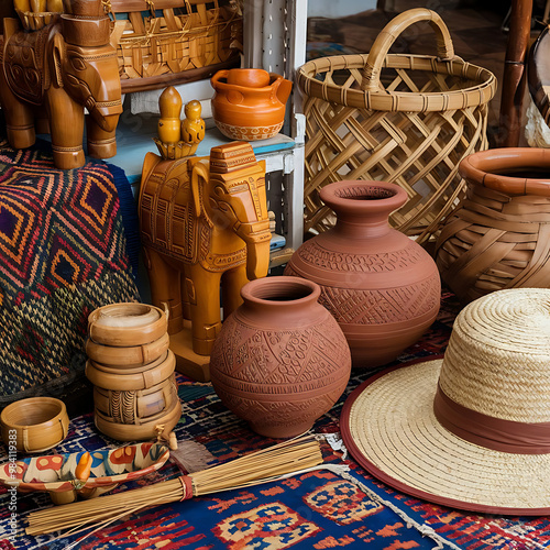 A photo of a variety of Thailand's traditional handicrafts. There are wooden carved elephants, baskets made of bamboo, and pottery with intricate patterns.