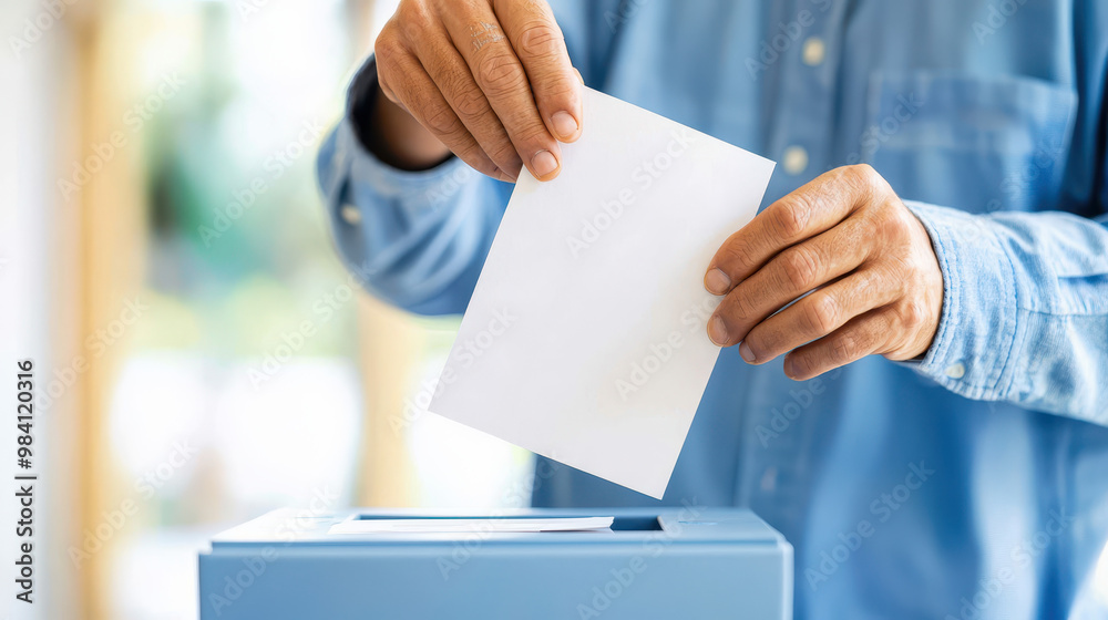 Individual casting vote into a blue ballot box during an election, demonstrating civic engagement and participation in democracy Individual casting vote into a blue ballot box during an election, demonstrating civic engagement and participation in democracy