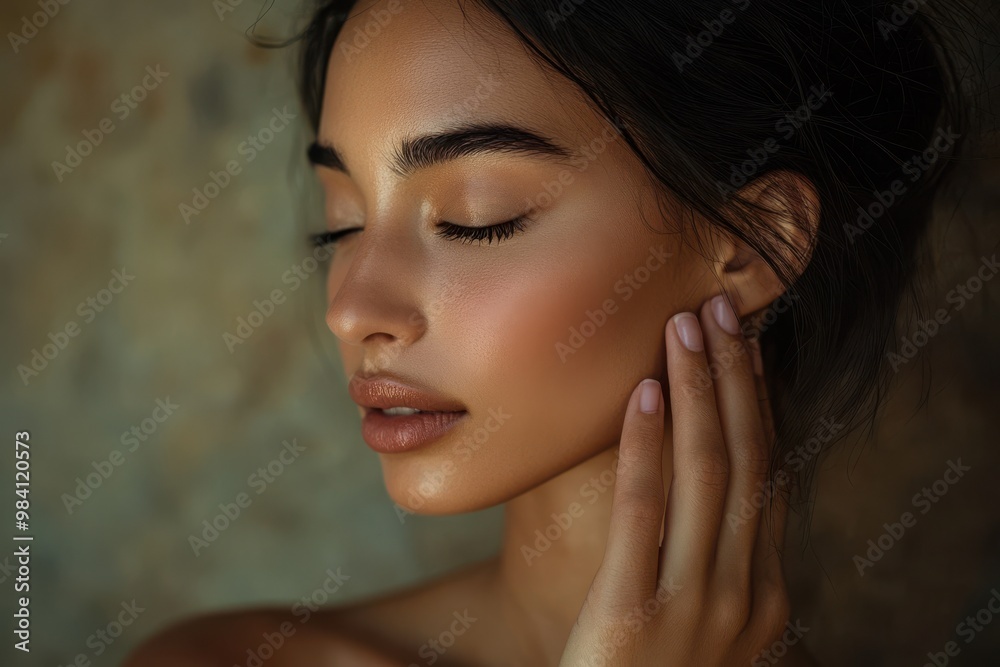 A serene woman with her hair neatly tied back, softly touching her cheek, showcasing A serene woman with her hair neatly tied back, softly touching her cheek, showcasing