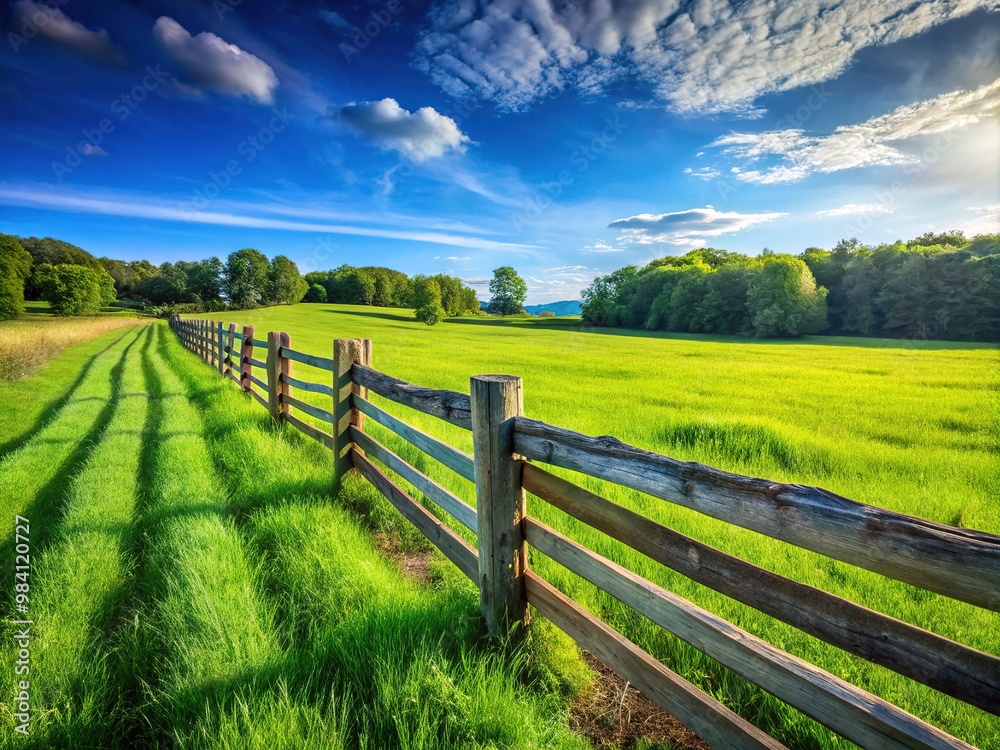 * Rustic wooden fence surrounds a vibrant green field, bathed in the warmth of a clear blue sky, ideal for outdoor decor and landscape design. * Rustic wooden fence surrounds a vibrant green field, bathed in the warmth of a clear blue sky, ideal for outdoor decor and landscape design.