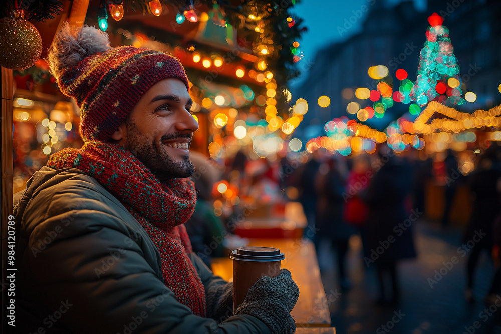 Smiling Man Enjoying Christmas Market Atmosphere Smiling Man Enjoying Christmas Market Atmosphere