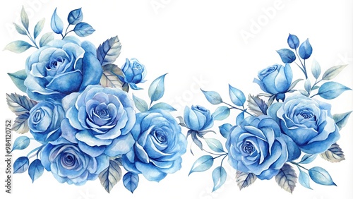 Bird eye view watercolor blue roses arrangement on white background #984120752