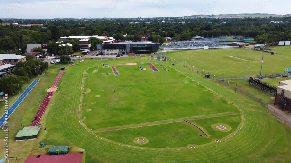 An aerial of an athletic sports field in South Africa, lookin green and lush An aerial of an athletic sports field in South Africa, lookin green and lush