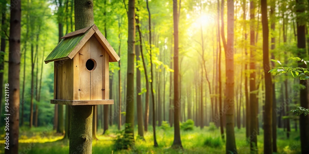 birdhouse on green wood background birdhouse on green wood background
