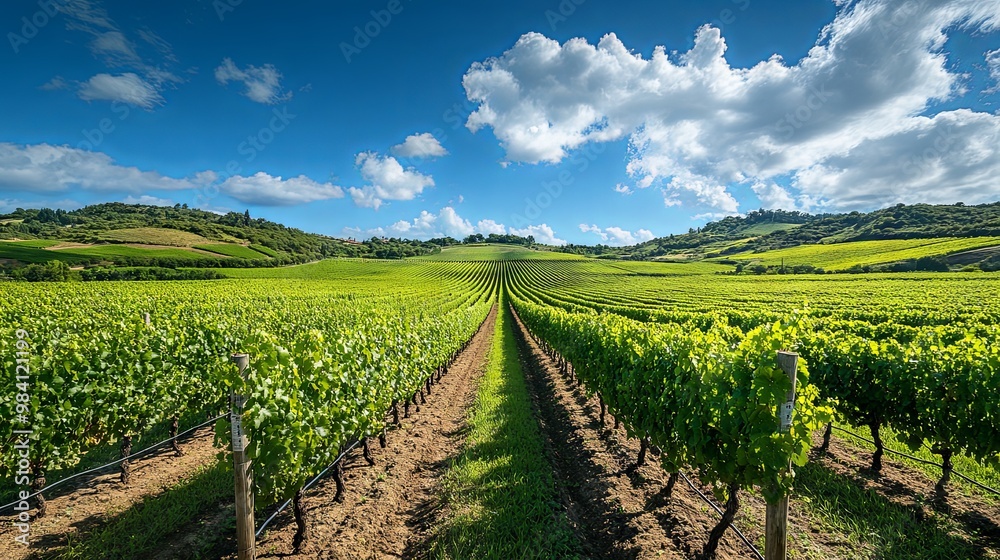 Lush, green vineyard with rows of grapevines under a bright blue sky Lush, green vineyard with rows of grapevines under a bright blue sky