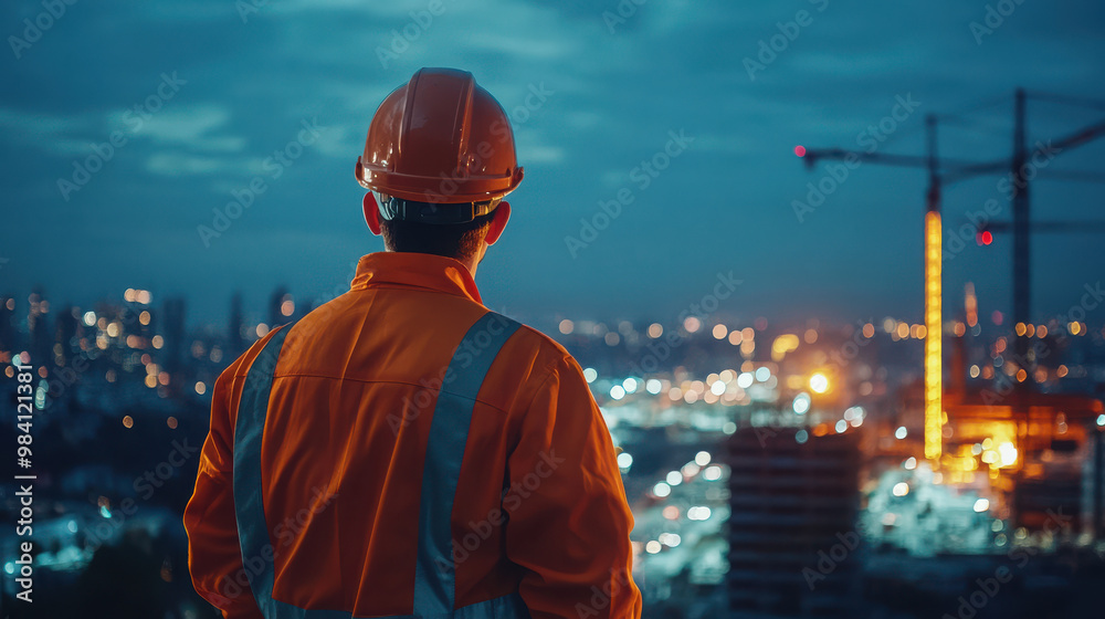 A worker in safety gear gazes over a cityscape at dusk, reflecting on construction progress. A worker in safety gear gazes over a cityscape at dusk, reflecting on construction progress.