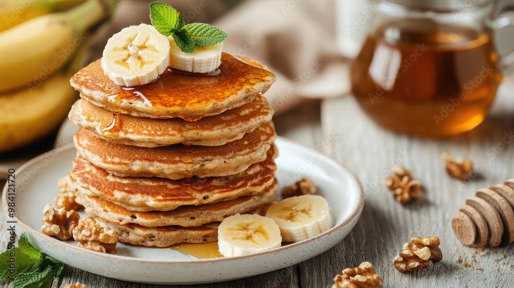 A stack of pancakes topped with banana slices and syrup, served on a plate. A stack of pancakes topped with banana slices and syrup, served on a plate.