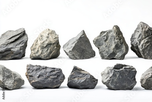 A series of rough, dark gray boulders arranged horizontally against a white background