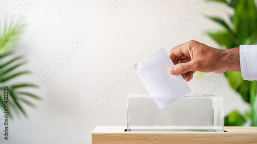 Hand placing a blank ballot into a transparent ballot box on a light background with green plant in the scene photo