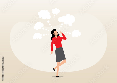 businesswoman thinking with many thinking bubbles