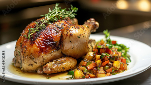 A visual of a gourmet roasted chicken with a herb stuffing and a side of sautéed vegetables. photo