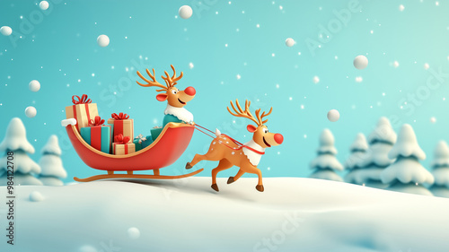 Reindeer pulling a sleigh with gifts. cartoon illustration.