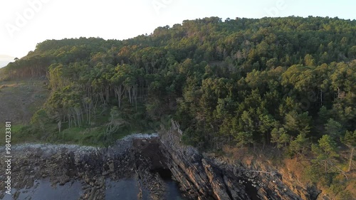 Monteferro's Cala del Columpio during low tide: rocky coastline extends into the sea, while treetops of the surrounding forest glow in golden hour light. The camera gradually moves backwards and up. photo