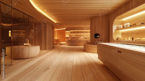 A luxury spa with an all-wood interior, from floors to ceilings, creating a warm and inviting atmosphere for relaxation