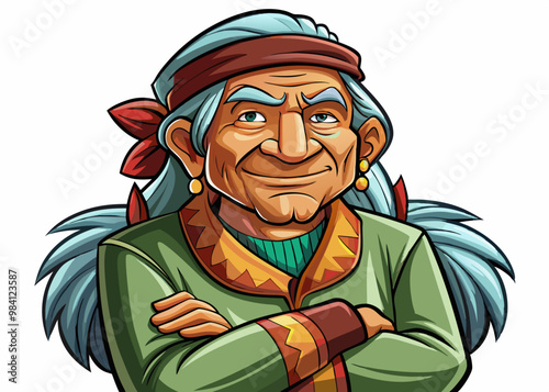 cartoon vector illustration of amerindian old man with folded arms, white isolated background, indigenous