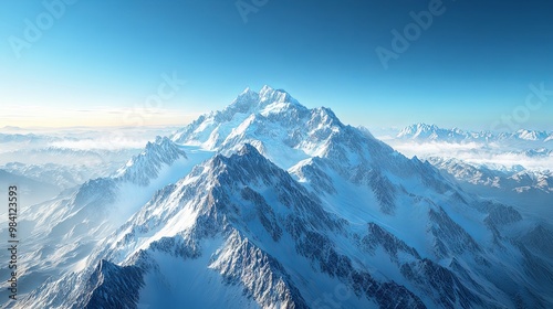 Majestic mountain range with snow-capped peaks under a clear blue sky