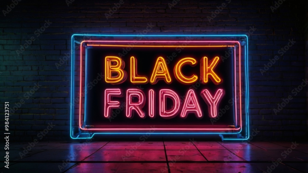 Fototapeta premium Neon Black Friday and Cyber Monday signboard. Sale banner with glowing neon text. Concept template for promo banners, flyers, brochures. Stock illustration.