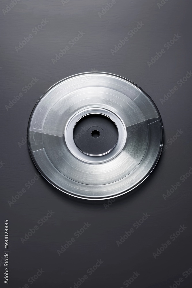 A single vinyl record, with its distinctive groove and center hole, is prominently displayed against a neutral gray background. A single vinyl record, with its distinctive groove and center hole, is prominently displayed against a neutral gray background.