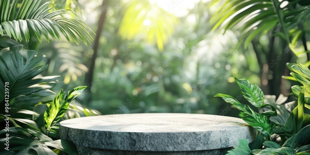 A stone path cut through the dense tropical vegetation, leading towards a circular platform or monkey bridge. A tranquil setting for an adventurous trek. A stone path cut through the dense tropical vegetation, leading towards a circular platform or monkey bridge. A tranquil setting for an adventurous trek.
