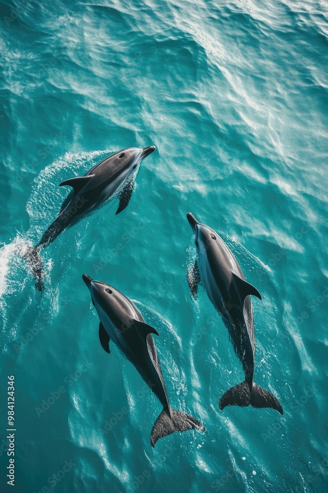 Obraz premium Three dolphins swimming together, two behind and one leading. Deep ocean blue water.