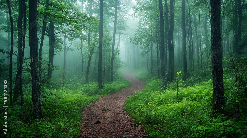 Obraz premium Misty forest with tall trees and a winding path through the greenery