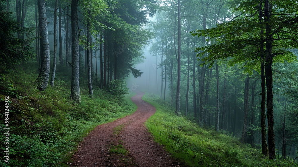 Obraz premium Misty forest with tall trees and a winding path through the greenery