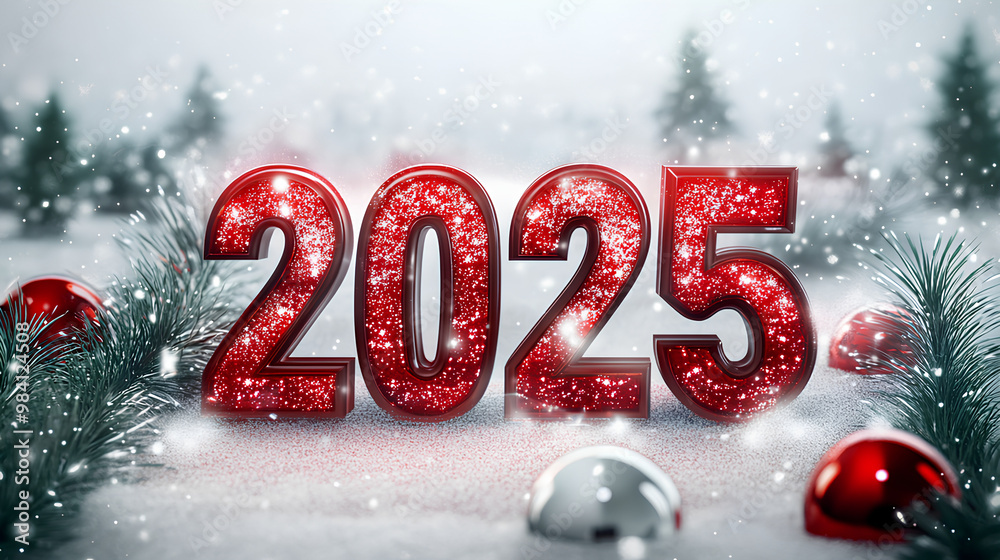 A red and white Christmas tree with a large red number 2025 written on it A red and white Christmas tree with a large red number 2025 written on it