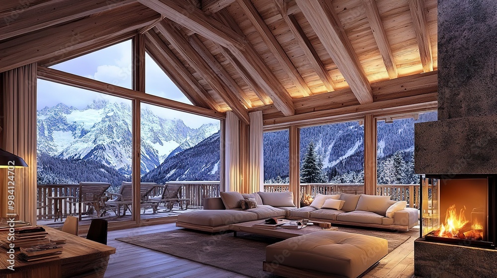 Elegant wooden chalet with fireplace Modern living room interior design with mountain view Elegant wooden chalet with fireplace Modern living room interior design with mountain view