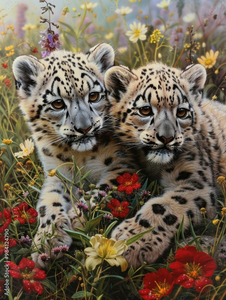 Fototapeta premium A pair of snow leopards in a lush meadow.