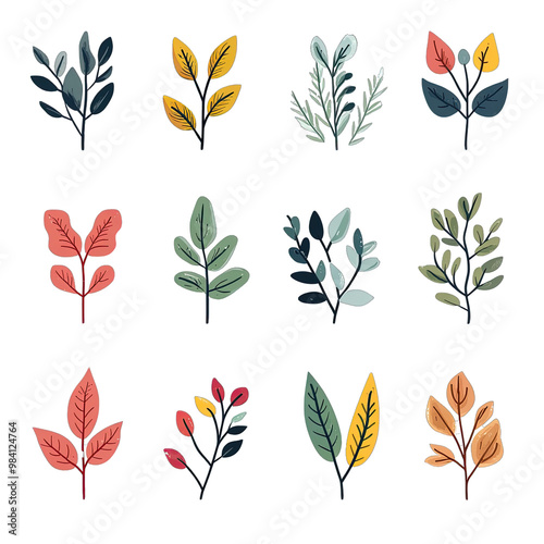 Multi Colors Plants Leaf Organic Shapes Collection in a Handmade Style for Floral Logo. Isolated on a Transparent Background. Cutout PNG.
