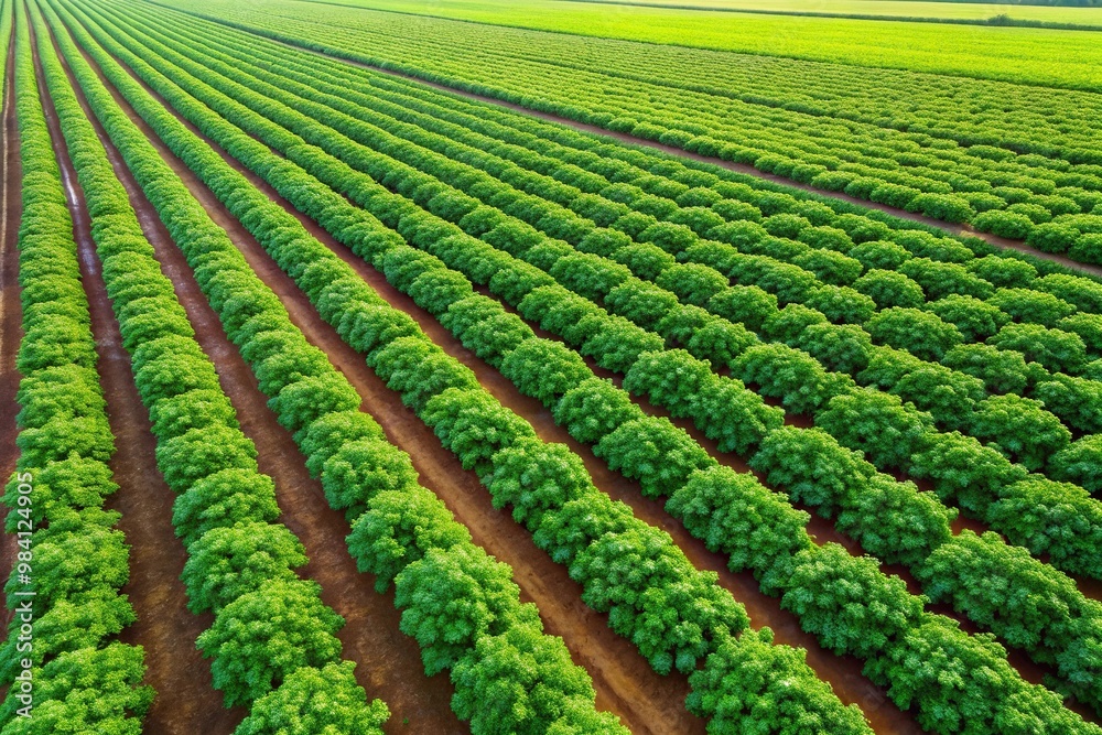 Bird's eye view of coriander leaves on farming field background Bird's eye view of coriander leaves on farming field background