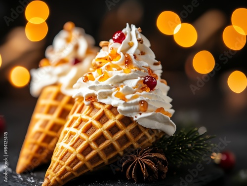 Norwegian krumkake, thin, crisp waffle cookies rolled into cones, are often filled with whipped cream during the holiday season in Oslo photo