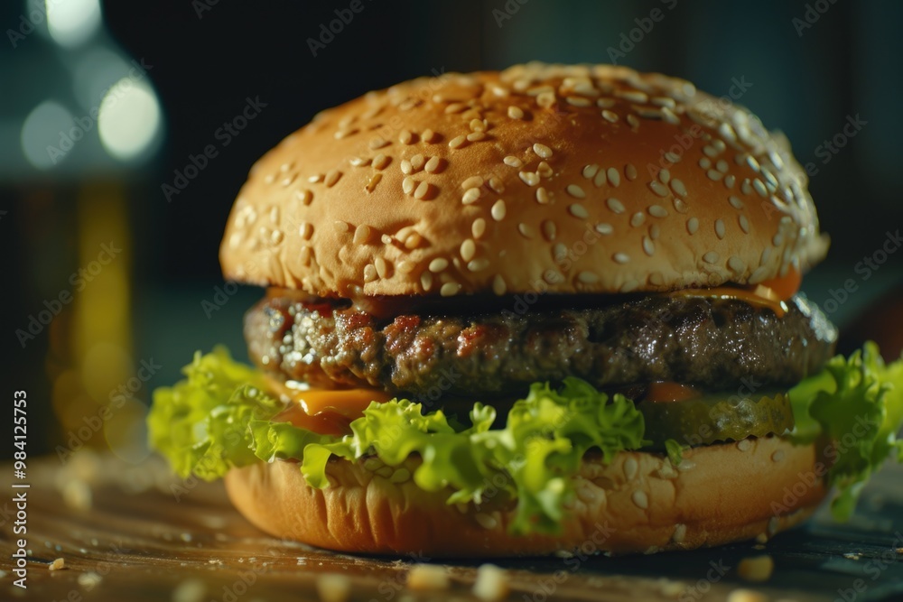 Savory beef patty with melted cheese, served on a bun with lettuce and tomato. Savory beef patty with melted cheese, served on a bun with lettuce and tomato.