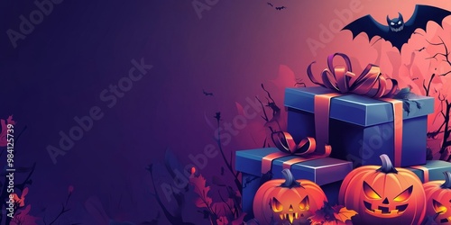 Enchanting Halloween scene with gift boxes, carved pumpkins, and bats on a mystical purple backdrop, perfect for festive and digital marketing needs photo