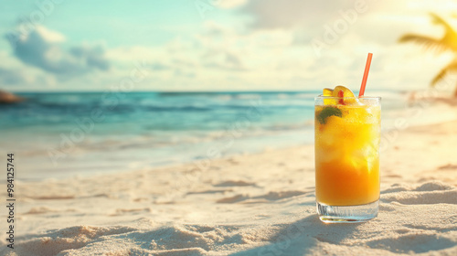 A refreshing cocktail on a sandy beach with a serene ocean backdrop.