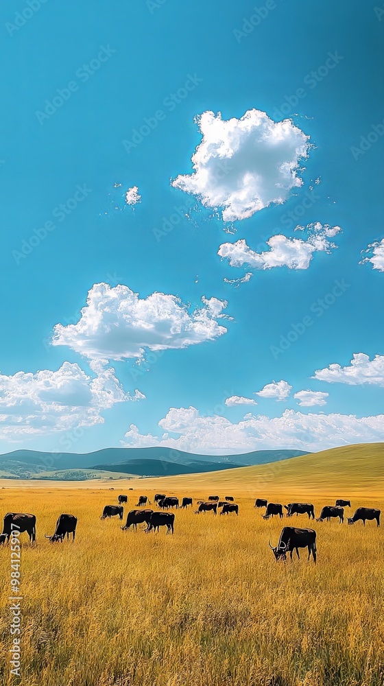 Obraz premium Open grassland with a herd of wild animals grazing under a bright blue sky