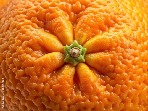 The curved navel of the orange fruit is a segmented, textured wonder, with intricate ridges and crevices that invite the eye to explore its every contour. photo