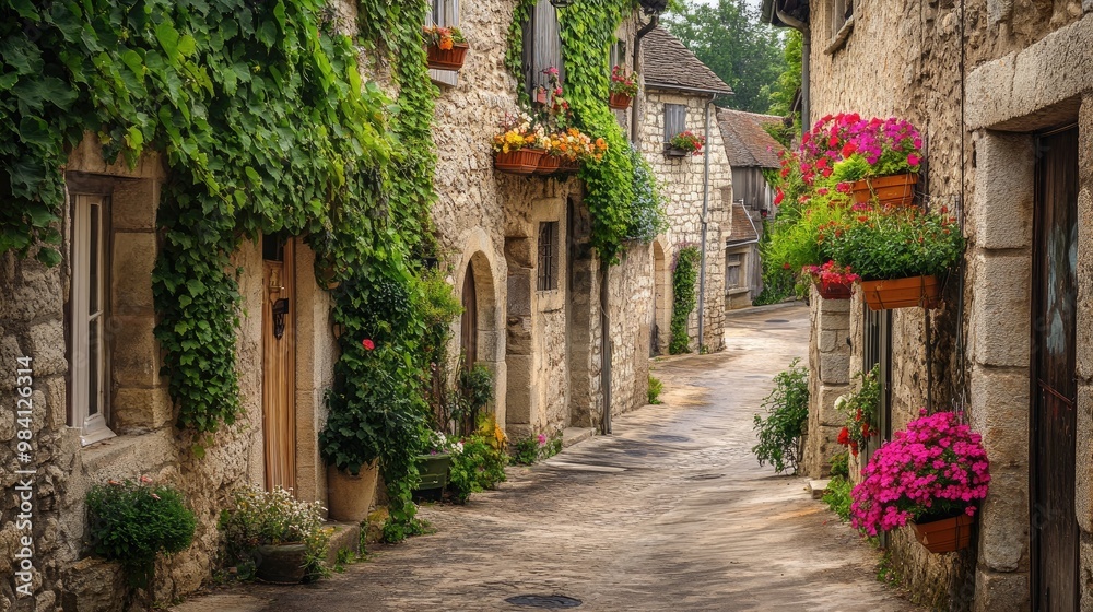 Fototapeta premium A charming French village with ivy-covered stone houses, narrow alleyways, and vibrant flower boxes on the windowsills