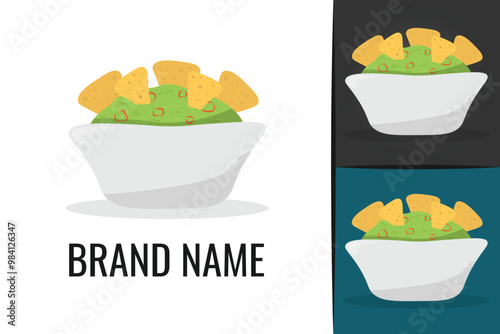 Mexican food Guacamole logo. Guacamole salad bowl logotype. Gourmet vegetarian meal logo