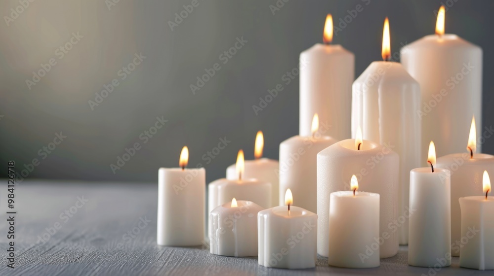 Bunch of lit white pillar candles stacked in a pyramid formation, evoking warmth and tranquility. Bunch of lit white pillar candles stacked in a pyramid formation, evoking warmth and tranquility.