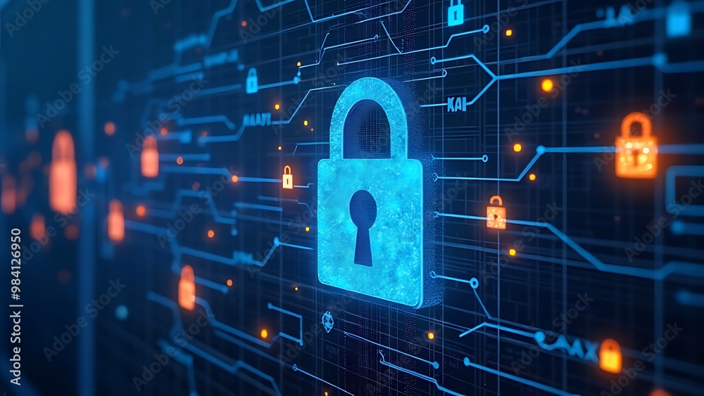 An illustration of a cybersecurity firewall featuring digital lock icons, symbolizing protection and security in the digital realm. Emphasizes the importance of safeguarding data and networks.