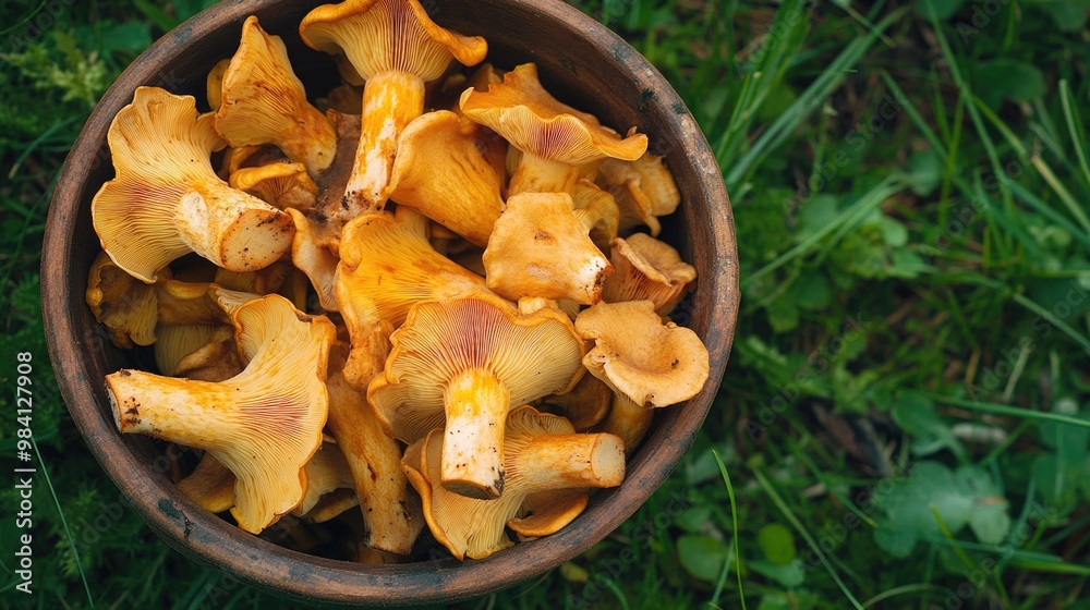 Bowl of wild mushrooms growing in a woodland area. Fresh and organic, these edible fungi can be found in nature's pantry. Bowl of wild mushrooms growing in a woodland area. Fresh and organic, these edible fungi can be found in nature's pantry.